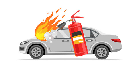 The fire extinguisher extinguishes the car. Burning car. Flat vector illustration.