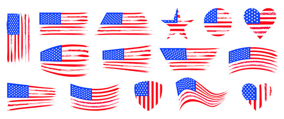 Collection of American flags of various shapes on a white background. Vector illustration. 