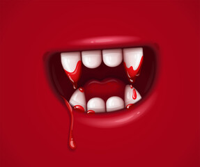 Vampire monster cartoon mouth with bloody fangs and drops of blood for Halloween holiday. Red background. Vector illustration. © LoopAll