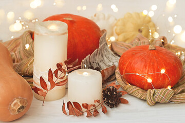 Fototapeta na wymiar Autumn background. Halloween or Thanksgiving day. Pumpkins next to bright garlands, magic candles, autumn leaves, cones from garden. Festive party. Occultism and divination