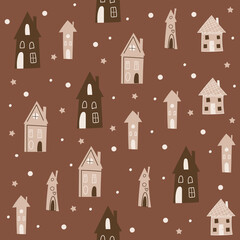 Christmas seamless pattern design with houses. Vector illustration.