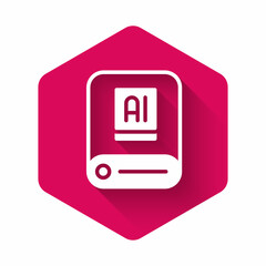 White Artificial intelligence AI icon isolated with long shadow background. Machine learning, cloud computing, automated support assistance and networks. Pink hexagon button. Vector