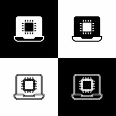Set Computer processor with microcircuits CPU icon isolated on black and white background. Chip or cpu with circuit board. Micro processor. Vector
