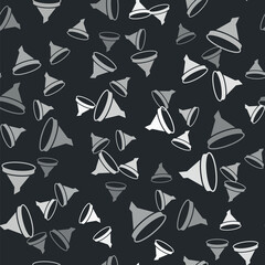 Grey Funnel or filter icon isolated seamless pattern on black background. Vector