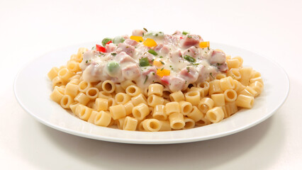 Macarrão com molho branco com legumes e presunto no fundo branco para recorte.