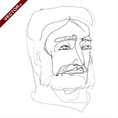 Linear, vector drawing by hand. A sketch, an abstract face of a bearded man.