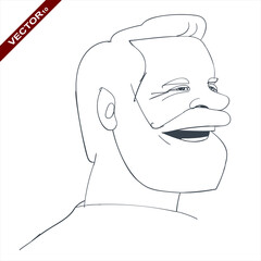 A sketch, an abstract face, an elderly man smiling. Linear, vector drawing by hand.