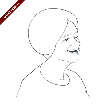 Sketch, An Elderly Woman Smiling, Laughing, An Abstract Face. Linear, Vector Drawing By Hand.