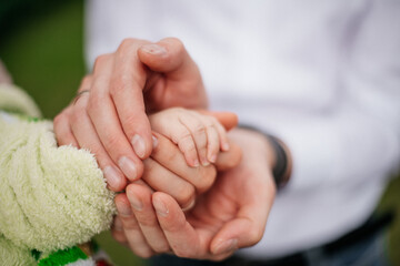 
kleine Hand eines Neugeborenen in elterlichen Händen