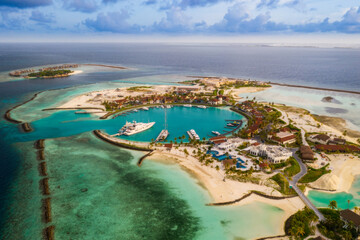 Marina at the Crossroads Maldives islands. South Male atoll. Aerial drone picture. June 2021