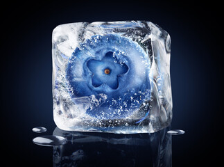 Blueberry in ice cube isolated on black background with clipping path.