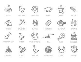 Meat, poultry, fish and eggs - minimal thin line web icon set