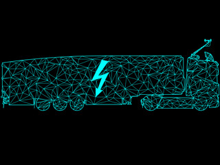 Electric e truck Lorry, LKW TIR in blue turquoise polygon pattern with electric lightning symbol on the trailer with an overhead line pantographs on the truck cabin from an overhead line. 
