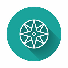 Obraz premium White line Wind rose icon isolated with long shadow background. Compass icon for travel. Navigation design. Green circle button. Vector