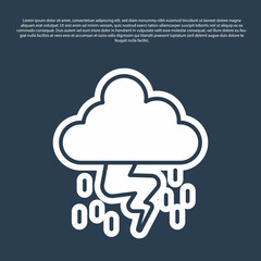 Blue line Storm icon isolated on blue background. Cloud and lightning sign. Weather icon of storm. Vector
