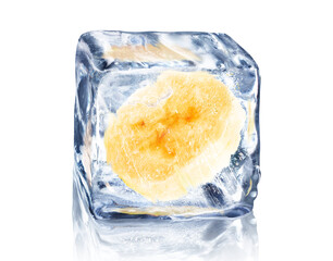 Banana slice in ice cube isolated on white background with clipping path.
