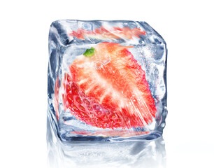 Slice of strawberry in ice cube isolated on white background with clipping path.