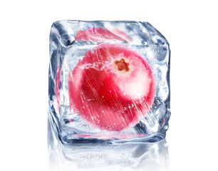 Cranberry in ice cube isolated on white background with clipping path.