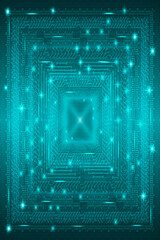 Blue futuristic technological background in cyberpunk style. Digital art. Design of postcards, poster, banner. Vector illustration.