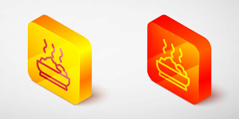 Isometric line Bowl of hot soup icon isolated on grey background. Yellow and orange square button. Vector