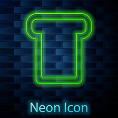 Glowing neon line Bread toast for sandwich piece of roasted crouton icon isolated on brick wall background. Lunch, dinner, breakfast snack. Vector