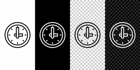 Set line Clock icon isolated on black and white, transparent background. Time symbol. Vector