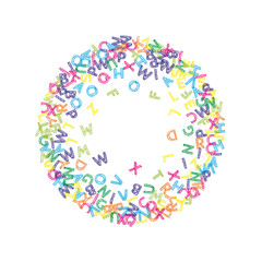 Falling letters of English language. Colorful sketch flying words of Latin alphabet. Foreign languages study concept. Beautiful back to school banner on white background.