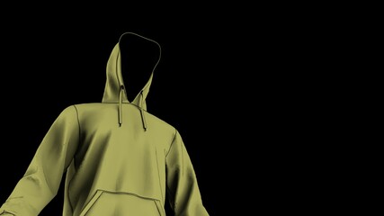 Anonymous hacker with beige toon color hoodie in shadow under spot lighting background. Dangerous criminal concept image. 3D CG. 3D illustration. 3D high quality rendering.