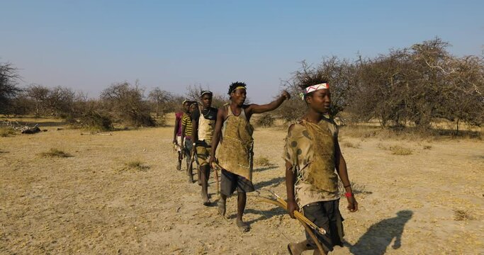 Group of Hadza hunter-gatherer tribesmen out hunding with bow and arrows Tanzania