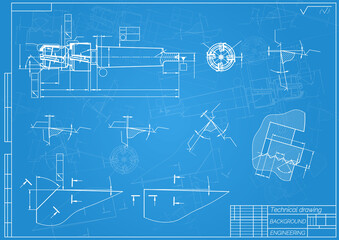 Mechanical engineering drawings on blue background. Tap tools, borer. Technical Design. Cover. Blueprint. Vector illustration.