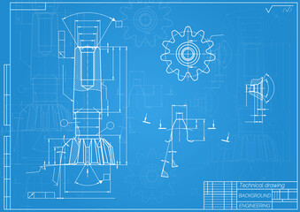Mechanical engineering drawings on blue background. Tap tools, borer. Technical Design. Cover. Blueprint. Vector illustration.