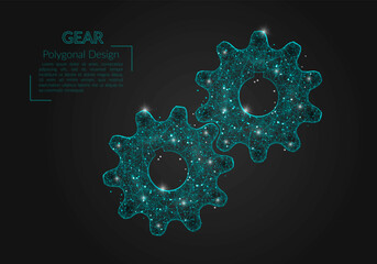 Abstract isolated blue image of a gear. Polygonal illustration looks like stars in the blask night sky in spase or flying glass shards. Digital design for website, web, internet © Katsiaryna