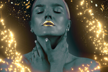 Golden Metal gold lips. Beautiful makeup. bright paint on beautiful model woman mouth, close-up.