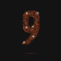 Abstract isolated orange image of a number nine. Polygonal illustration looks like stars in the blask night sky in spase or flying glass shards. Digital design for website, web, internet. © Katsiaryna