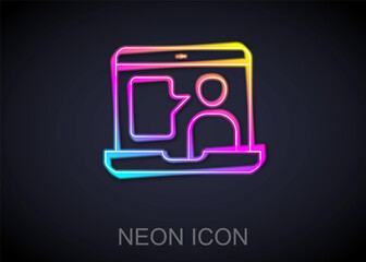 Glowing neon line E-learning of different foreign languages icon isolated on black background. Vector