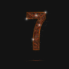 Abstract isolated orange image of a number seven. Polygonal illustration looks like stars in the blask night sky in spase or flying glass shards. Digital design for website, web, internet. © Katsiaryna