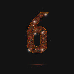 Abstract isolated orange image of a number six. Polygonal illustration looks like stars in the blask night sky in spase or flying glass shards. Digital design for website, web, internet. © Katsiaryna