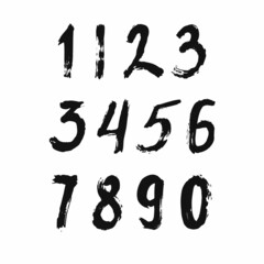Set of calligraphic numbers painted by black brush on isolated white background. Lettering for your design. Vector illustration.