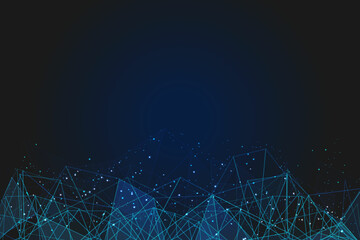 Abstract blue background. Polygonal low poly wireframe illustration looks like stars in the blask night sky in spase or flying glass shards. Digital web, internet design. © Katsiaryna