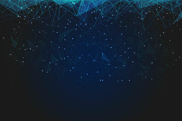 Abstract blue background. Polygonal low poly wireframe illustration looks like stars in the blask night sky in spase or flying glass shards. Digital web, internet design. © Katsiaryna