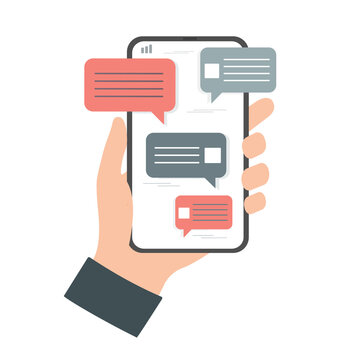 Human hand holding mobile phone. Sending and receiving messages. Online chat. Colored flat illustration. Isolated on white background.