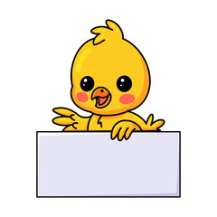 Cute little yellow chick cartoon with blank sign © frescostudio