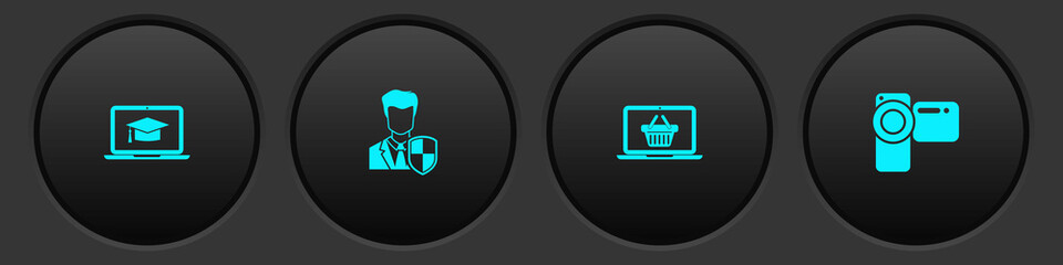 Set Graduation cap on laptop, User protection, Shopping basket and Cinema camera icon. Vector © vector_v