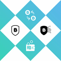 Set Shield with bitcoin, Proof of stake, Cryptocurrency exchange and icon. Vector