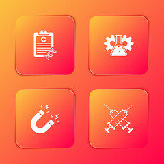 Set Clipboard with DNA analysis, Bioengineering, Magnet lightning and Crossed syringe icon. Vector
