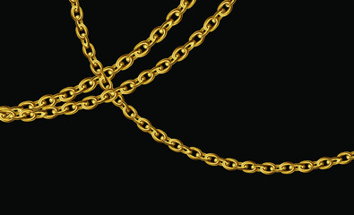 Gold chains jewelry on black background. Baroque golden illustration. Gold necklace. Platinum chain with glossy. Luxury shiny jewelry. Vector illustration for wallpaper, web banner design, and print.