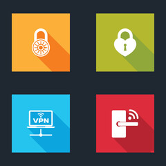 Set Safe combination lock wheel, Castle the shape of heart, VPN Computer network and Digital door with wireless icon. Vector