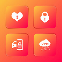 Fototapeta premium Set Heart with keyhole, Castle in the shape of heart, Smart car security system and Cloud VPN interface icon. Vector