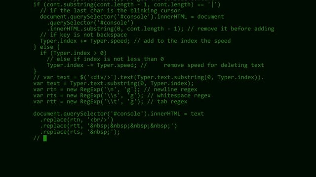 Green lines of random program code fast scrolling on a Computer screen terminal. Breaking Into the System. Technology, coding, programming, software and hacking concept. 4k.