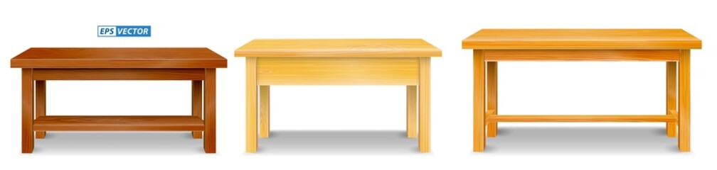 set of realistic brown wooden table top or pine wood tabletop isolated or montage table display detailed. eps vector